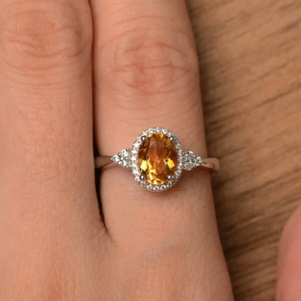 Sterling Silver 925 Oval Citrine & Moissanite Halo Ring